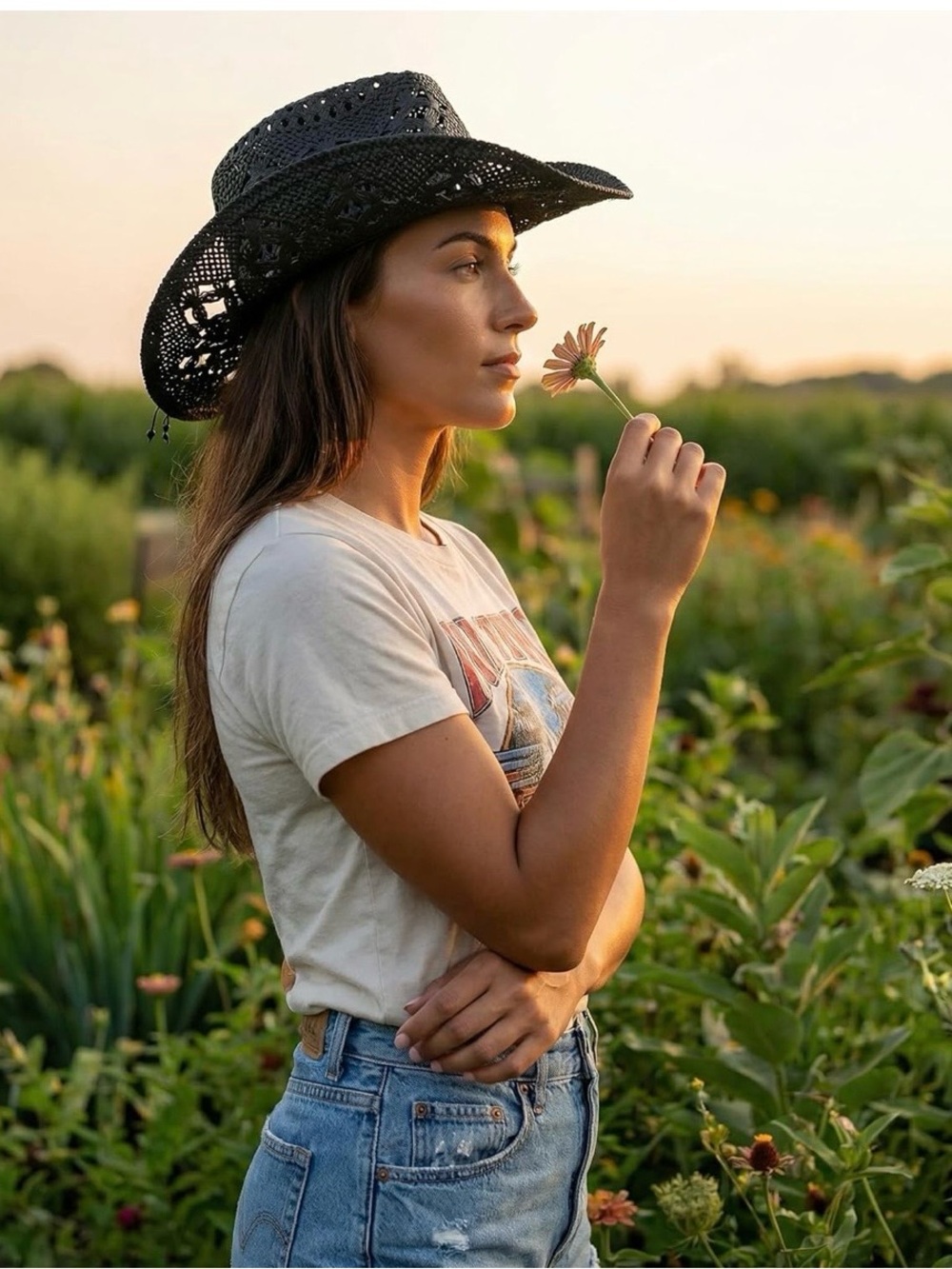 NEW Black Straw Crochet Cowboy Hat Womens